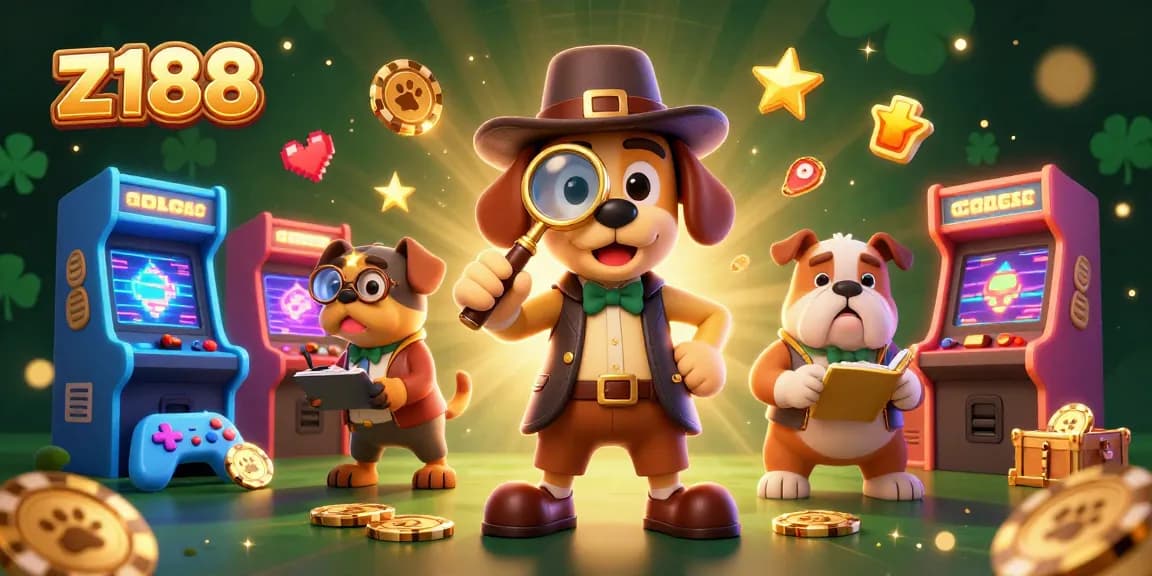 Engage with z188's vibrant casino games illustrated by a cartoon detective uncovering clues.