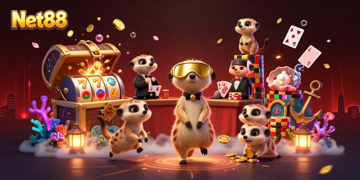 Experience vibrant gaming action at Net88, featuring lively meerkat dealers and dynamic slot games.