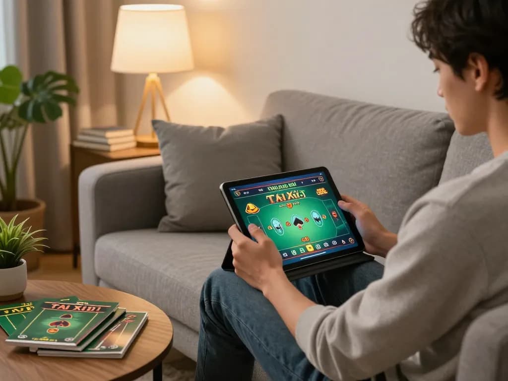 Engaging in Tài Xỉu gameplay on taixiuonline8 with strategic notes and cozy home decor.