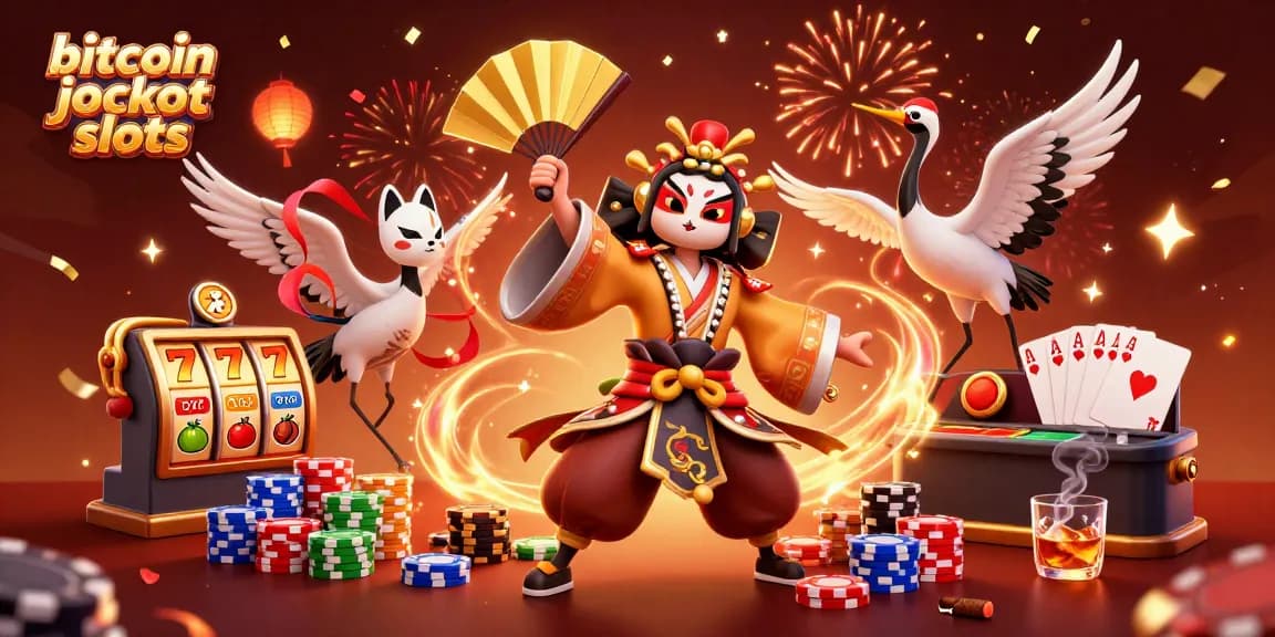 Engage in thrilling bitcoin jackpot slots with a kabuki warrior and kitsune amidst dynamic casino elements.