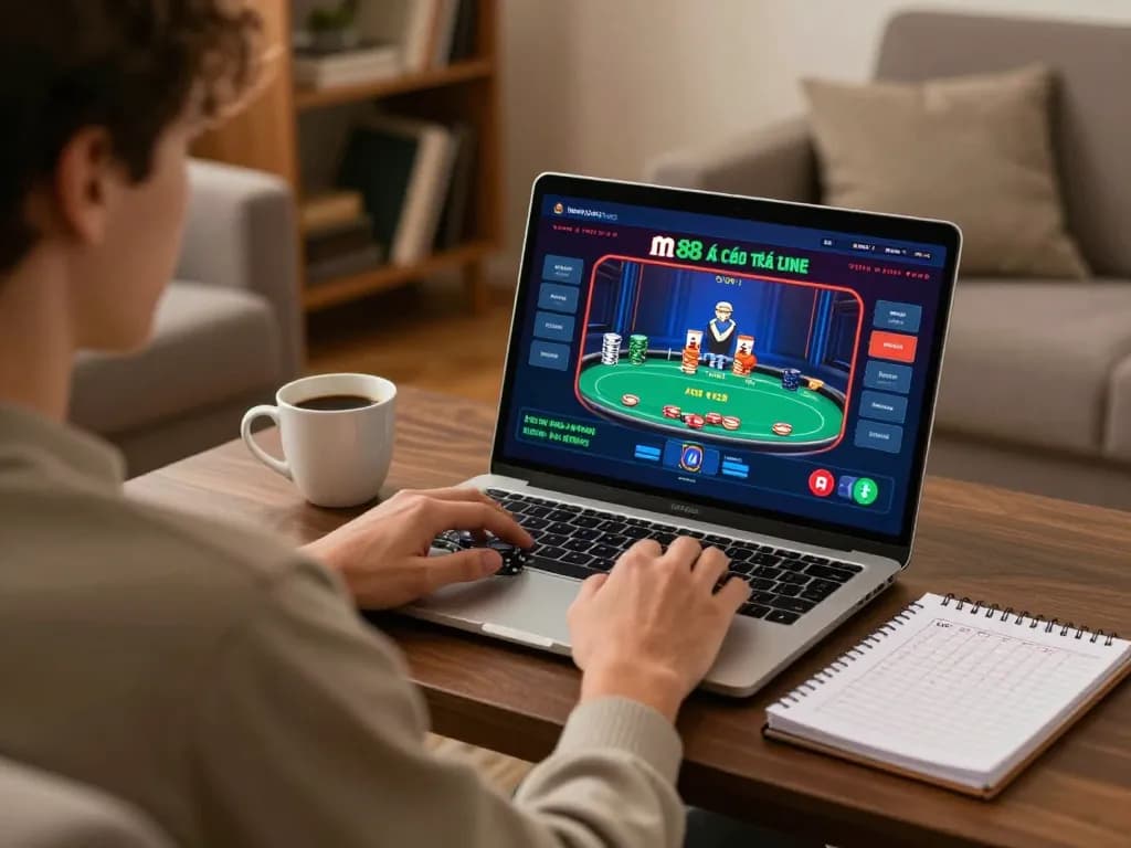 Tham gia m88 cá cược trực tuyến với trò chơi poker trên laptop trong phòng khách ấm cúng.