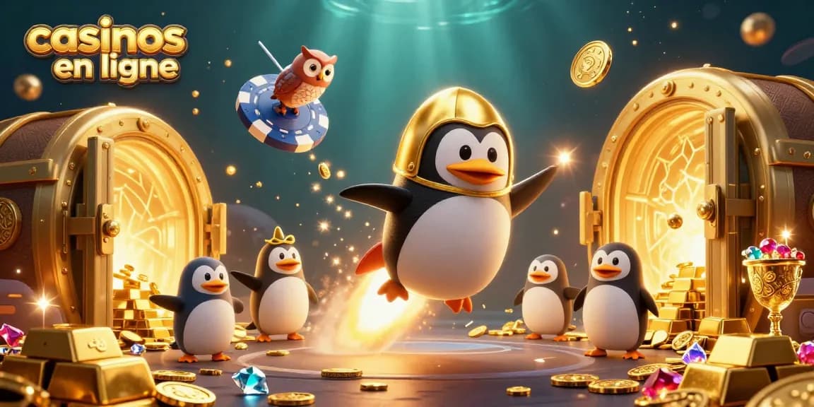 Voyez les casinos en ligne à travers un pingouin doré cosmique collectionnant des richesses.