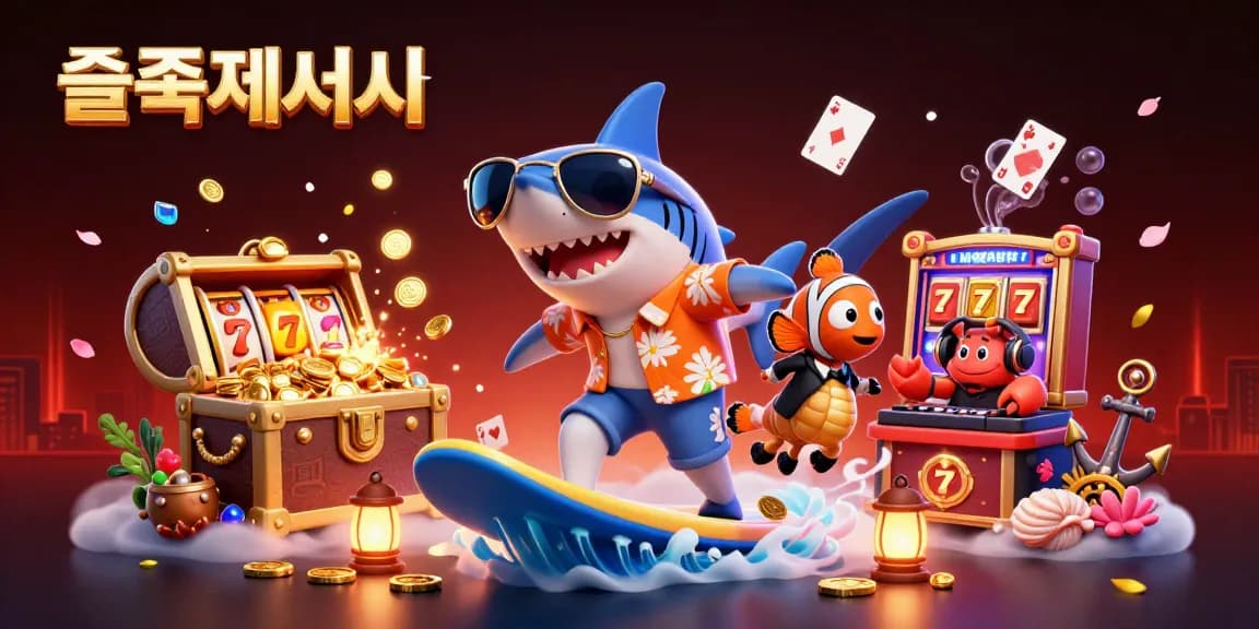 슬롯사이트에서 슬롯 머신과 금화로 서핑하는 상어와 해양 생물의 장면을 즐기세요.