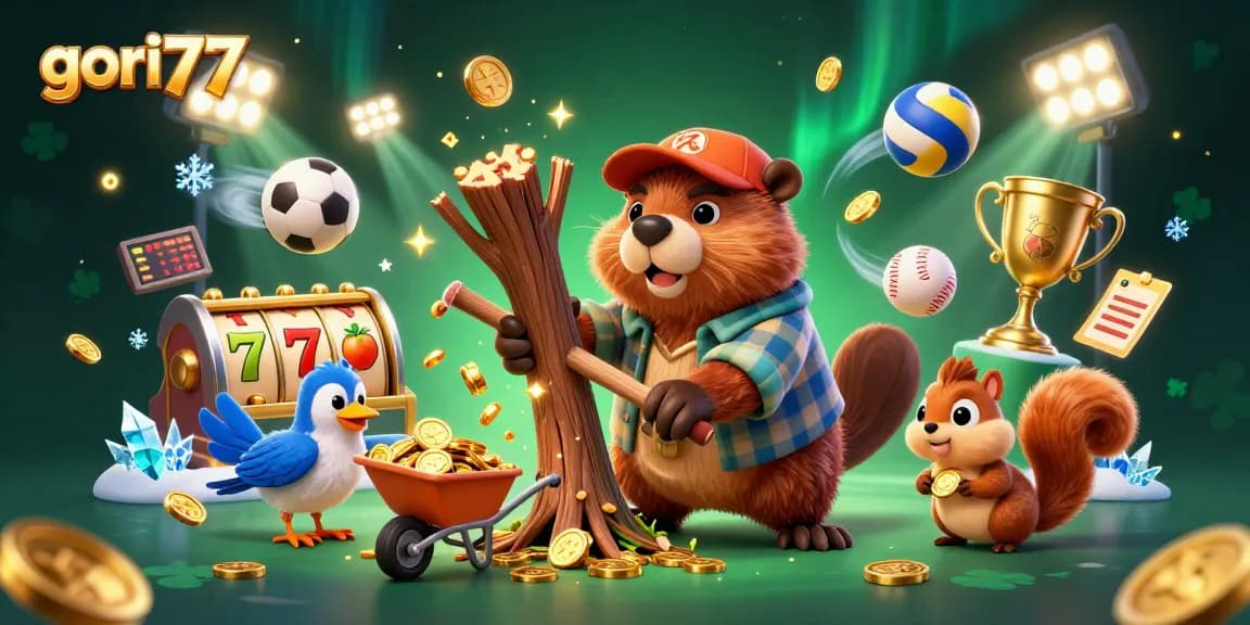 Play exciting slots and games at gori77, featuring a lively beaver amidst golden coins!