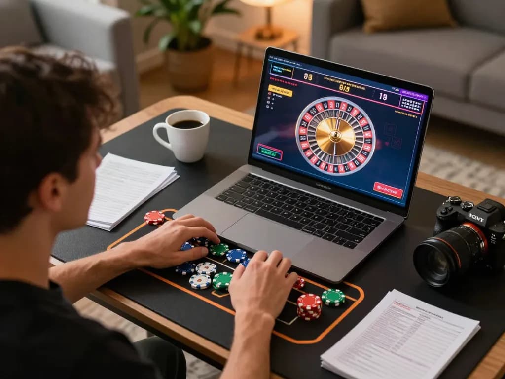 Engaging online casino scene at the best widget store with chips and laptop displaying roulette.