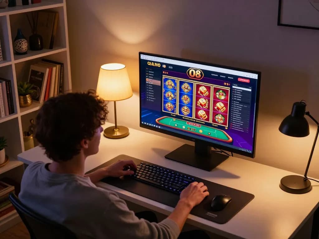 O8 table game interface displayed on a modern desk during online gambling session.