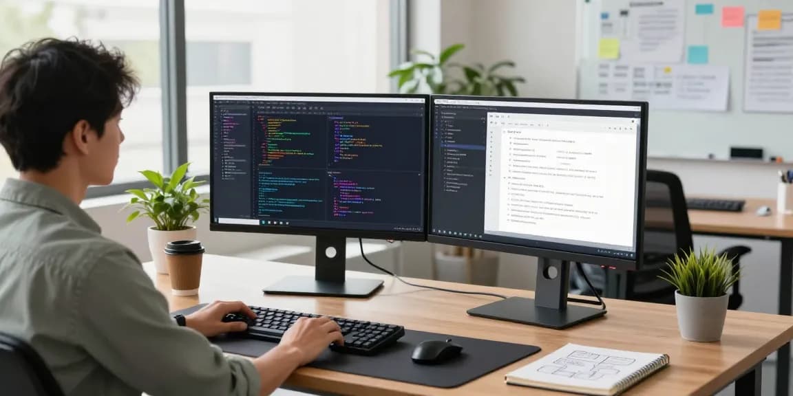 A dynamic tech workspace featuring a developer using a 截图软件 on dual monitors, showcasing code and app design with a professional atmosphere.