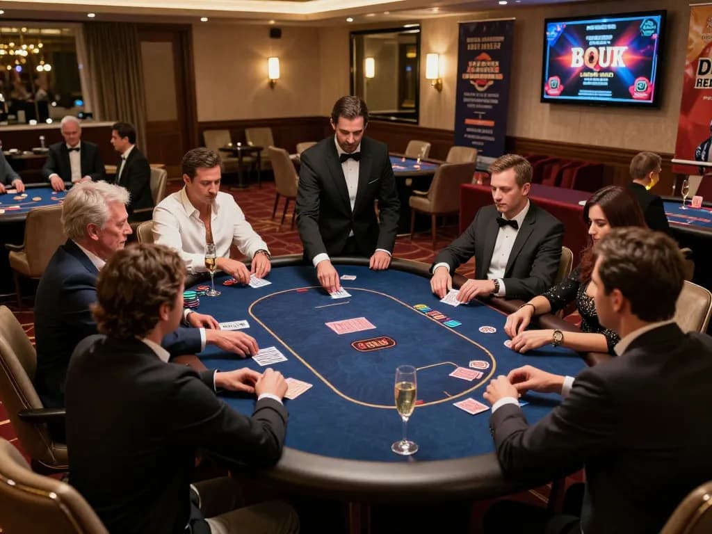 Engaged players at a white label casino poker table with luxurious decor and active gameplay.