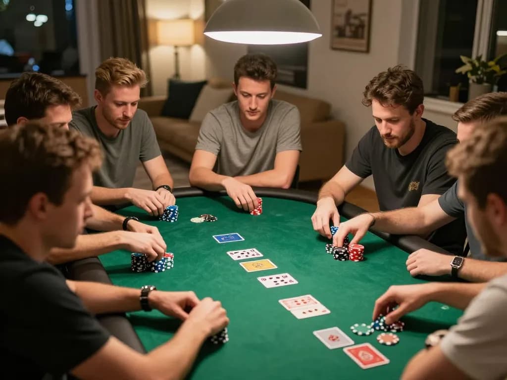 Players at a home poker game engaging with chips and cards, showcasing a vibrant atmosphere at 98win9.