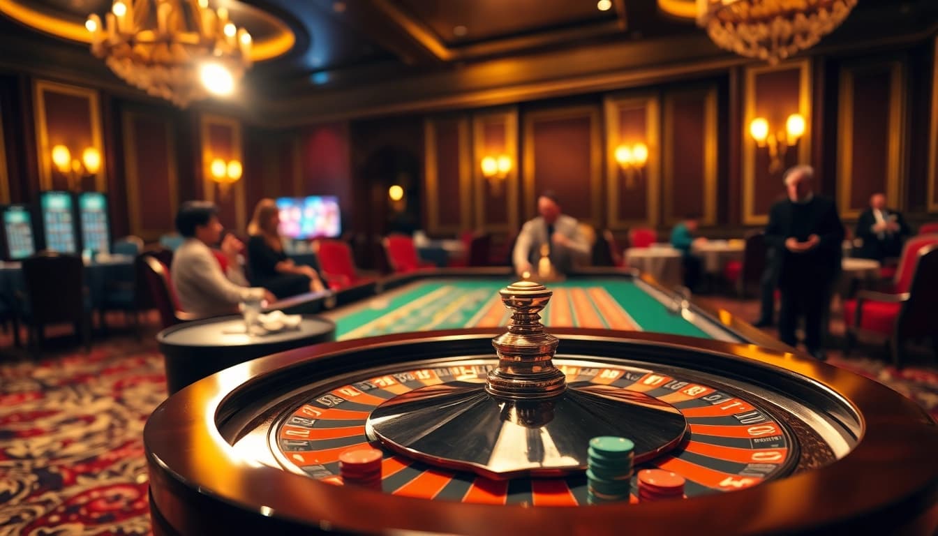 Engaging players at a Non Uk Casino roulette table in a lively, luxurious atmosphere.