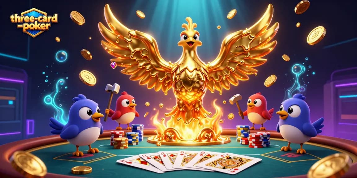 Engage in three-card-poker with dynamic character interactions amidst cascading coins and royal flush cards.