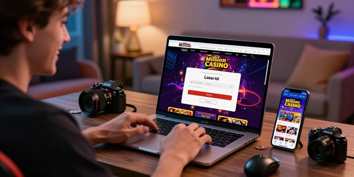 Engaging scene of a player celebrating a win on the million casino login page with a modern laptop.