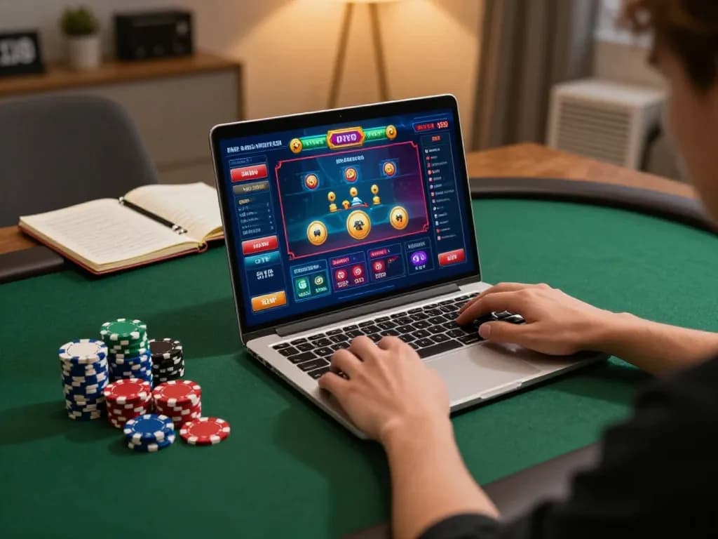 Player engaging in online gaming at home using RR88 SELECT interface with vibrant graphics and poker chips.