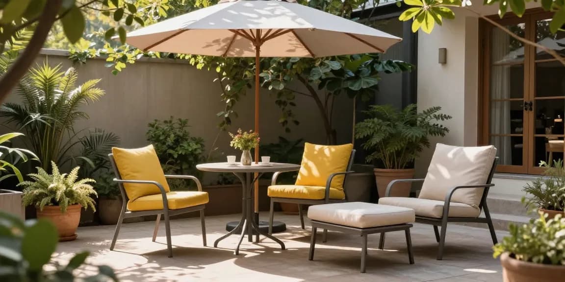 Charming small patio furniture sets with vibrant cushions under a light gray umbrella, perfect for outdoor relaxation.