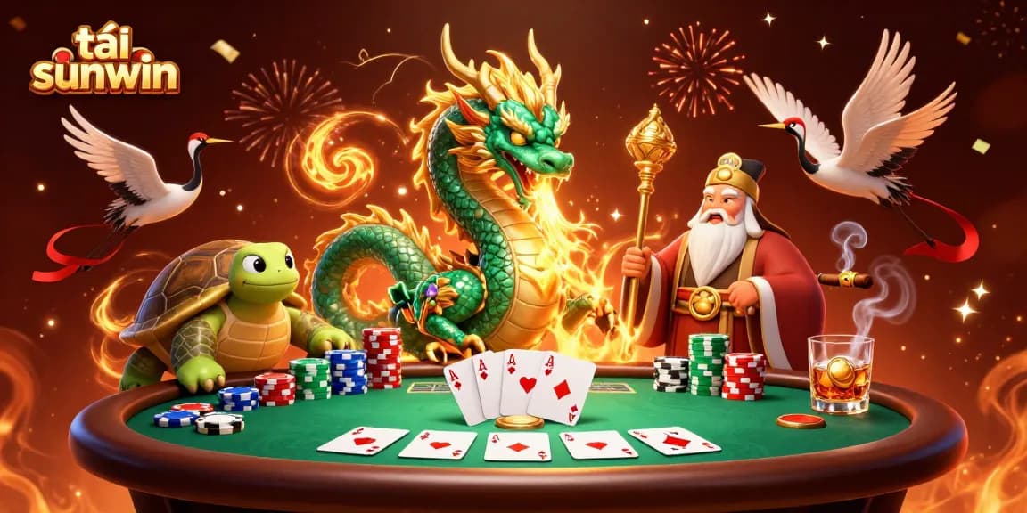 Win big at tải sunwin with an illustration of a massive emerald dragon, lucky cranes, and poker elements.