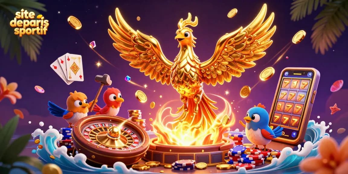 Site de paris sportif, mise à jour dynamique avec un phénix doré et des éléments de jeu captivants.