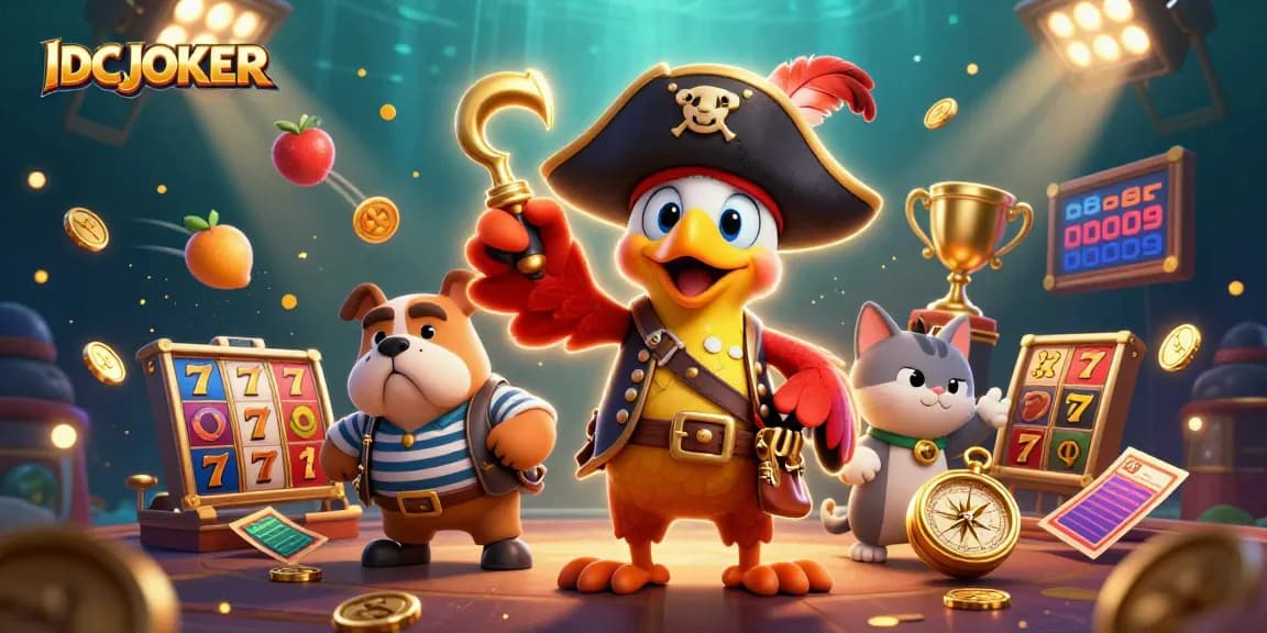 IDCJOKER showcases a lively casino scene with vibrant slot elements and animated characters.