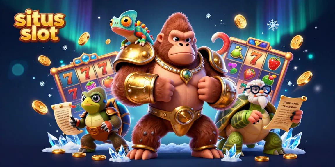 Situs slot illustration featuring a powerful gorilla king and colorful chameleon in a vibrant casino.