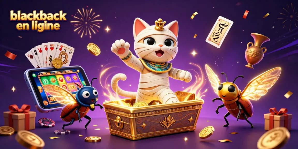 Jouez au blackjack en ligne dans un casino virtuel coloré avec une ambiance festive.