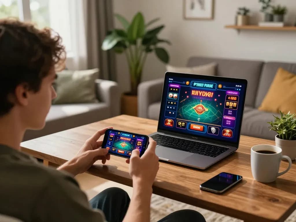 Player engaging in LV88 mobile casino gaming setup on a cozy living room sofa