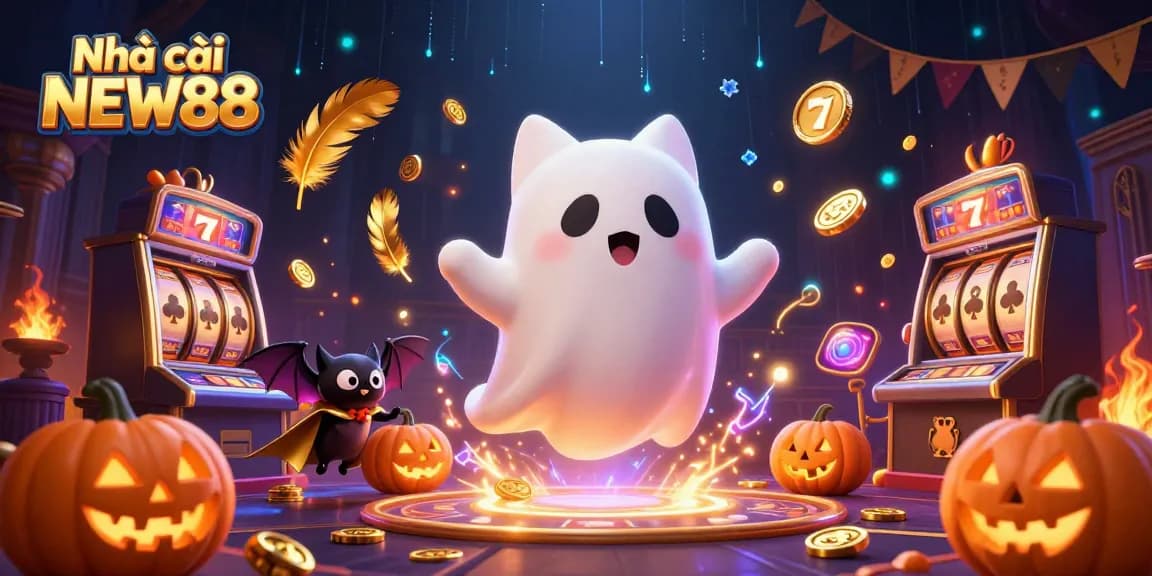Experience the thrill of Nhà cái NEW88 with our vibrant casino scene featuring a ghost cat and vampire bat.