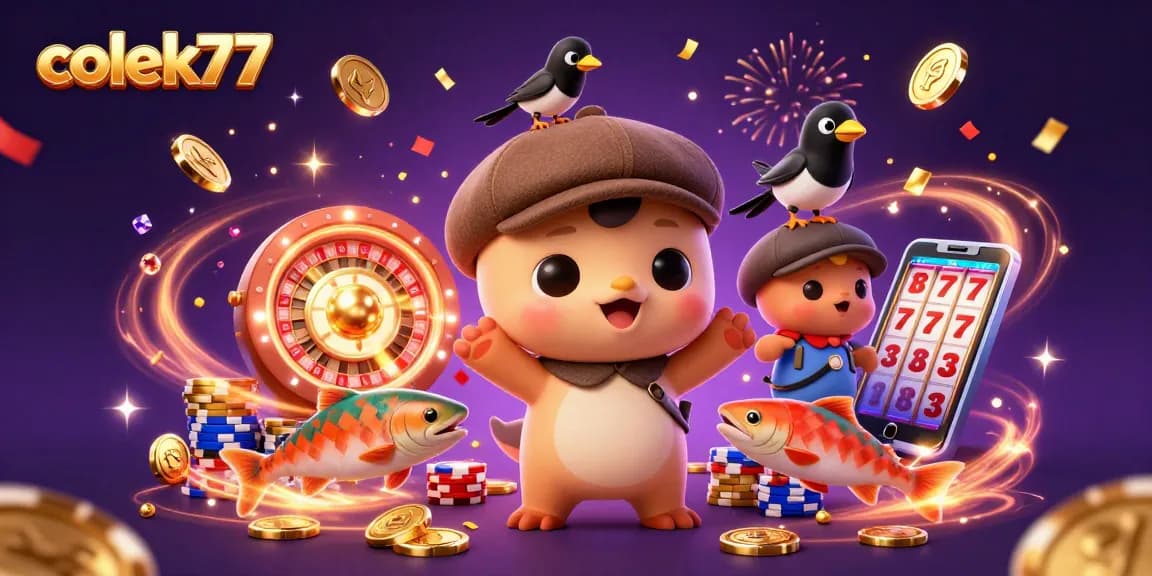 Ignite your luck at colek77 with a lively scene of playful characters surrounded by dazzling casino elements.