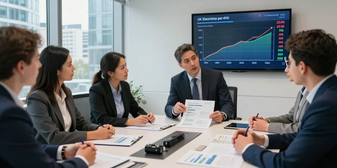 Exploring uk electricity price per kwh 2026 trends in a business meeting.