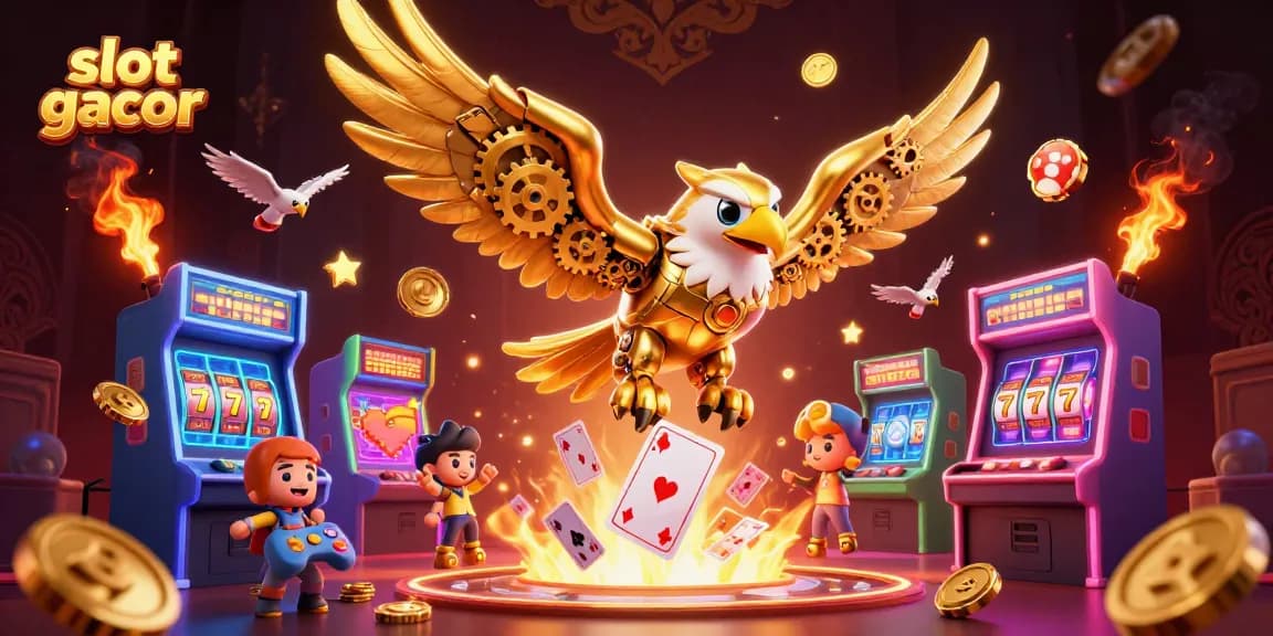 Experience the thrill of slot gacor gaming with this vibrant 3D illustration featuring dynamic casino elements and characters.