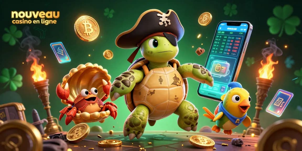 Plonger dans l'univers du nouveau casino en ligne avec une tortue pirate sympathique et des éléments de crypto-monnaie.