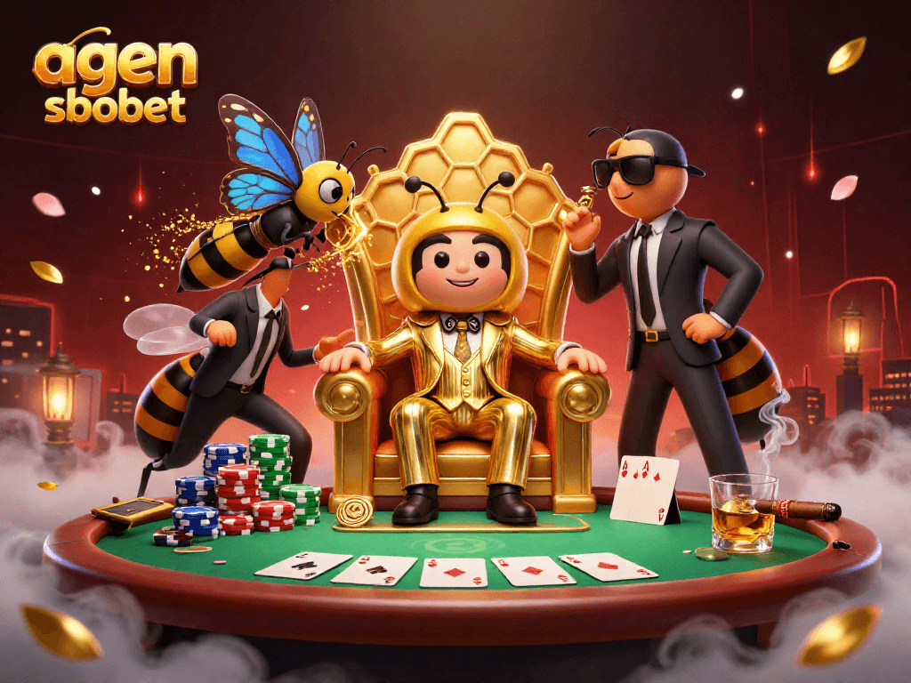 Engage with agen sbobet in vibrant 3D casino illustration featuring a buzzing bumblebee mob boss.