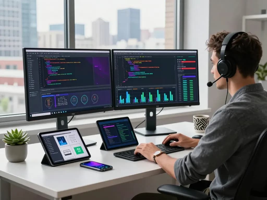 Dynamic workspace featuring a developer coding with dual monitors, illustrating the image to prompt ai tool in action, conveying a tech-savvy ambiance.