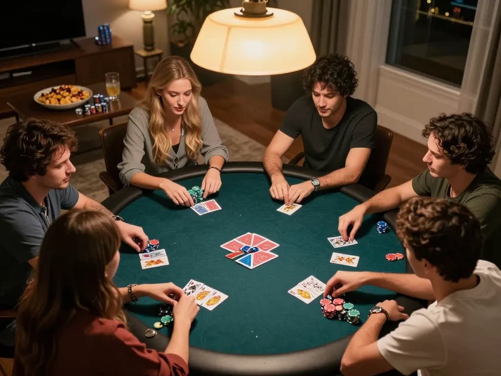Friends enjoy an engaging poker night at home while analyzing strategies for webnk88 games.