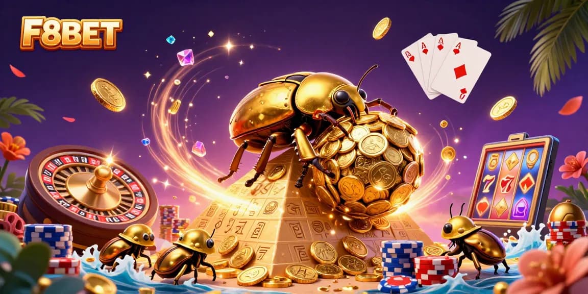 Engage with F8BET's vibrant casino atmosphere, featuring golden coins and a bustling gaming scene.