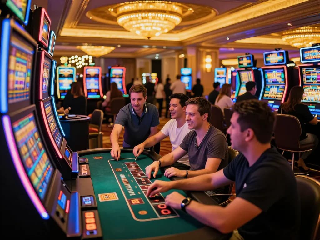 Luck8 players enjoying vibrant slot machines in a luxurious casino environment