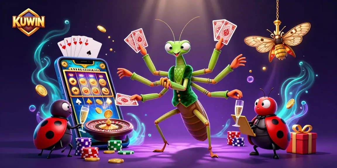 Join the excitement at KUWIN, showcasing a dynamic scene of a giant card sharp and ladybug pit boss amidst thrilling casino elements.