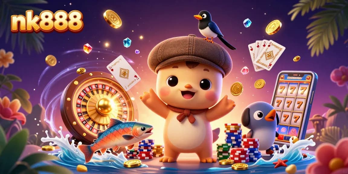 Nk888 showcases vibrant casino excitement with playful characters and dynamic gaming elements.