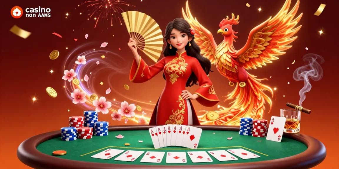 Interagisci con la scena emozionante che mostra i casino online non AAMS con una donna straordinaria e un fenice nel mezzo dell'emozione del poker.
