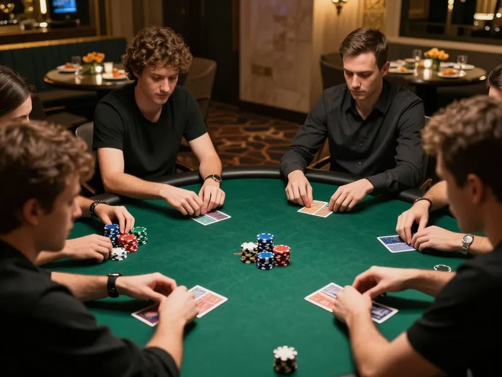 Players strategizing in an elite poker game setting highlighting lv88seo for engaged gambling.