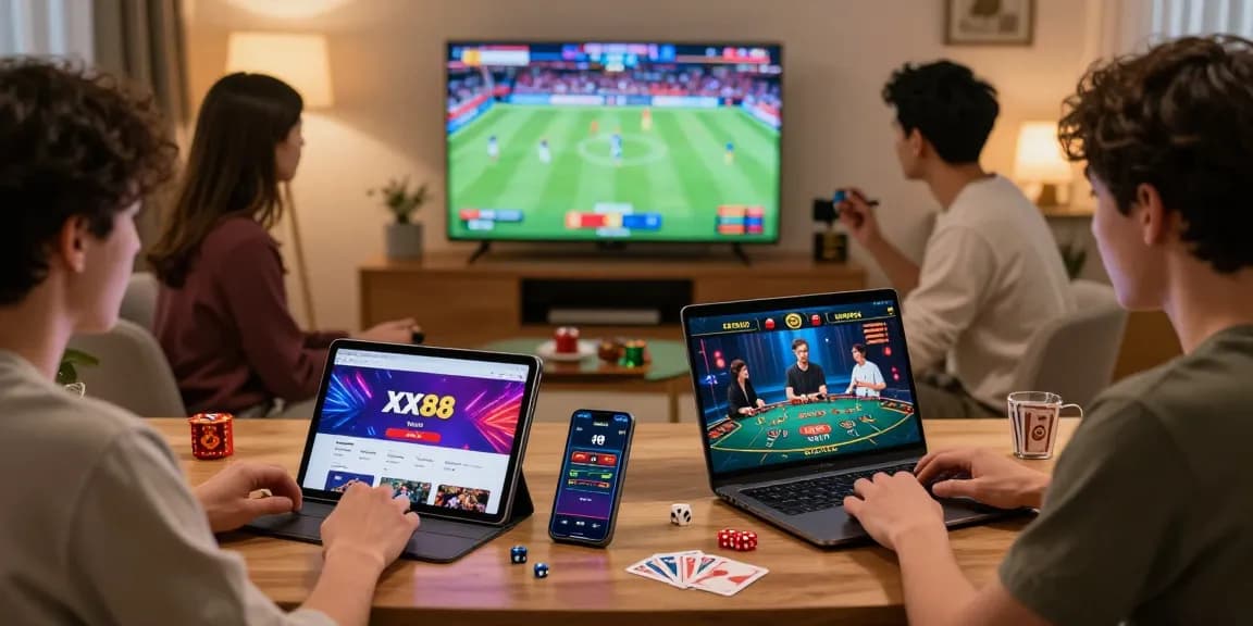 XX88 online gaming scene with players using various devices, showcasing vibrant graphics and an immersive betting environment.