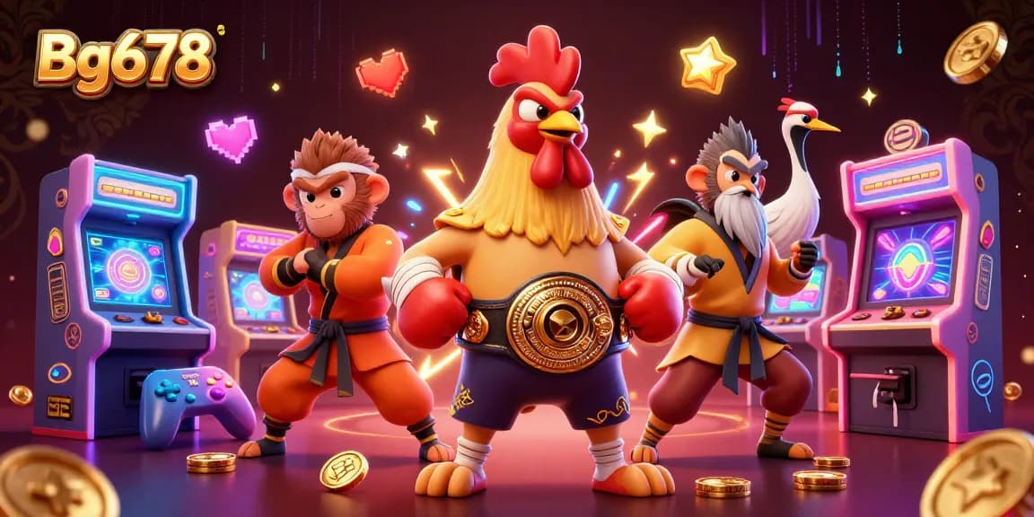 Experience the excitement of Bg678 with a festive gaming scene featuring a rooster, monkey, and crane.