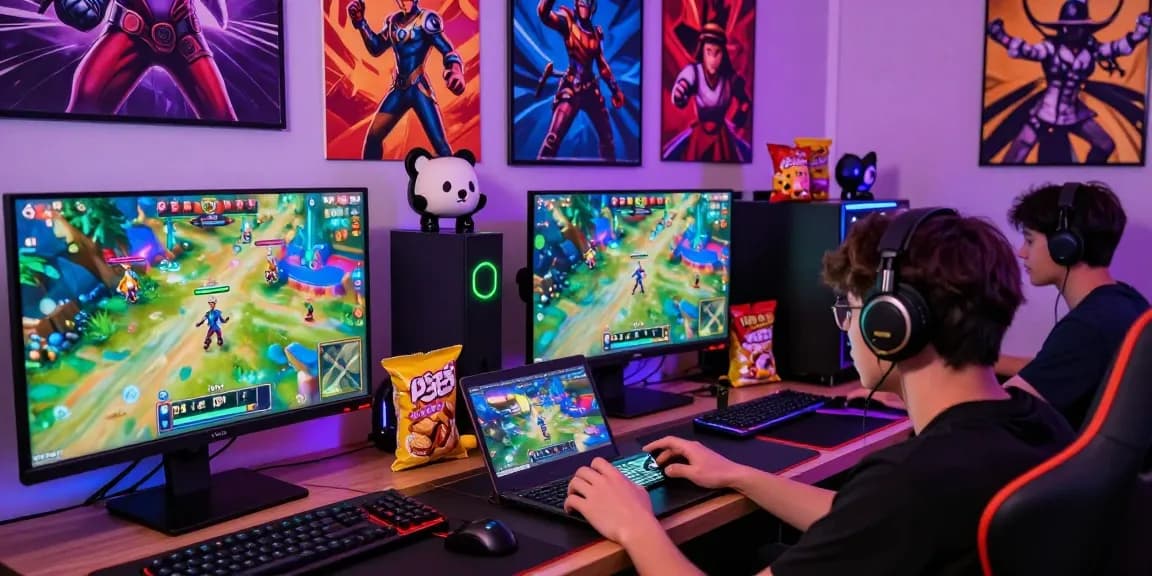 Engaged players enjoying a variety of porngames on different devices in a vibrant gaming setup.