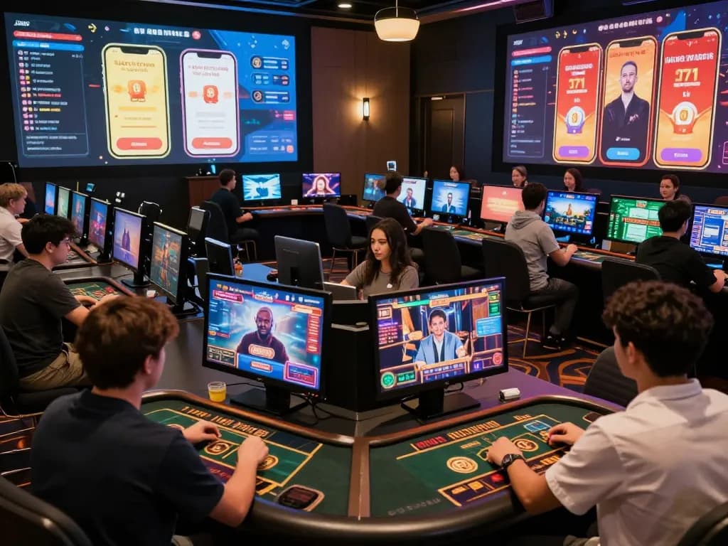 Players engaging with toto gaming apps in a vibrant online casino environment, showcasing fun and strategy.