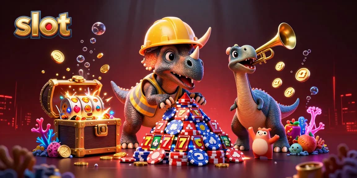 Menangkan slot dengan ilustrasi 3D triceratops membangun tumpukan chip poker di kasino yang ceria.