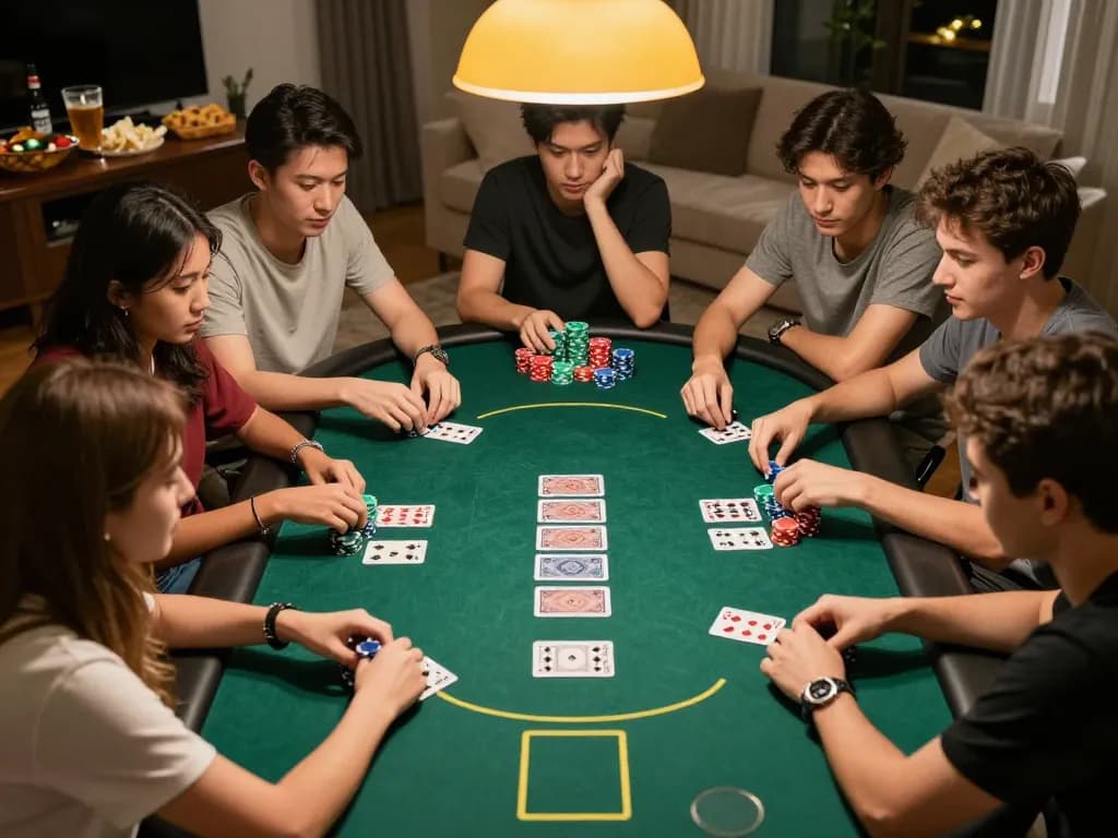 A group of players enjoying a friendly poker game night showcasing tylekeonhacai88 strategies