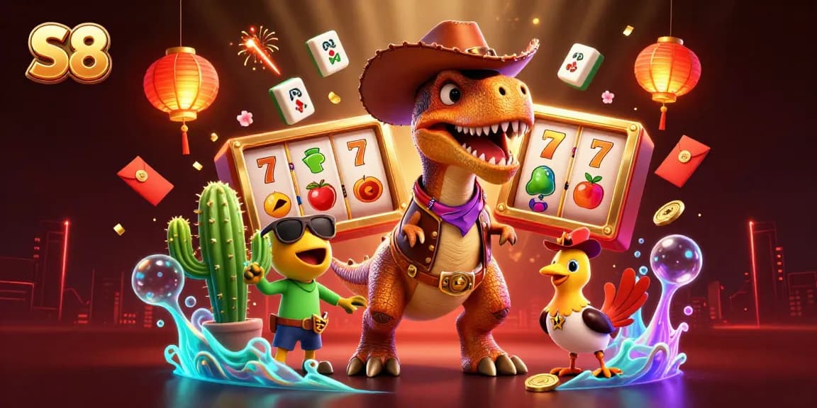 S8 casino illustration featuring a playful T-Rex alongside a cactus and roadrunner amidst slot reels and colorful fruits.
