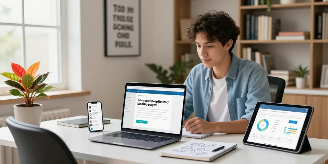 Learn about conversion-optimized landing pages in a cozy home office setup with modern tools and a vibrant atmosphere.