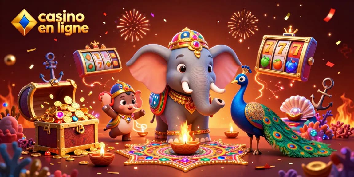 Gagnez avec le casino en ligne : Découvrez une scène festive avec un éléphant et un paon.