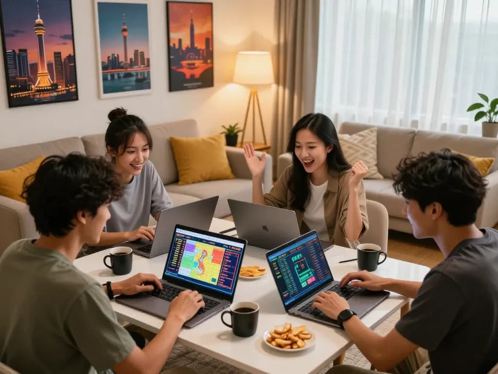 Togel Hongkong gaming scene with friends analyzing data and enjoying snacks in a vibrant living room.
