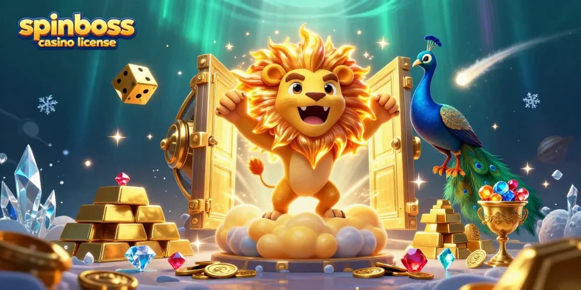 Illustration 3D représentant la licence spinboss casino avec un lion ensoleillé et des éléments de casino