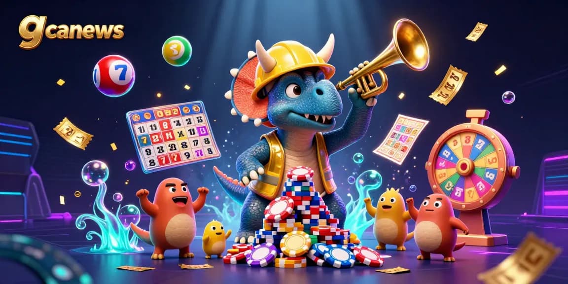 Join the thrill of gaming with gcanews as cartoon dinosaurs build a poker chip pyramid amidst vibrant casino elements.